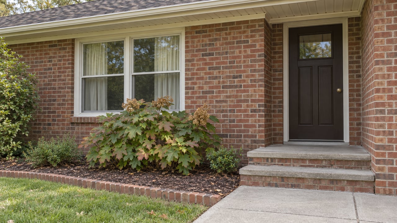 Close view of a red-brown brick home with an ivory-trimmed window, dark front door, concrete entry steps and oakleaf hydrangea.