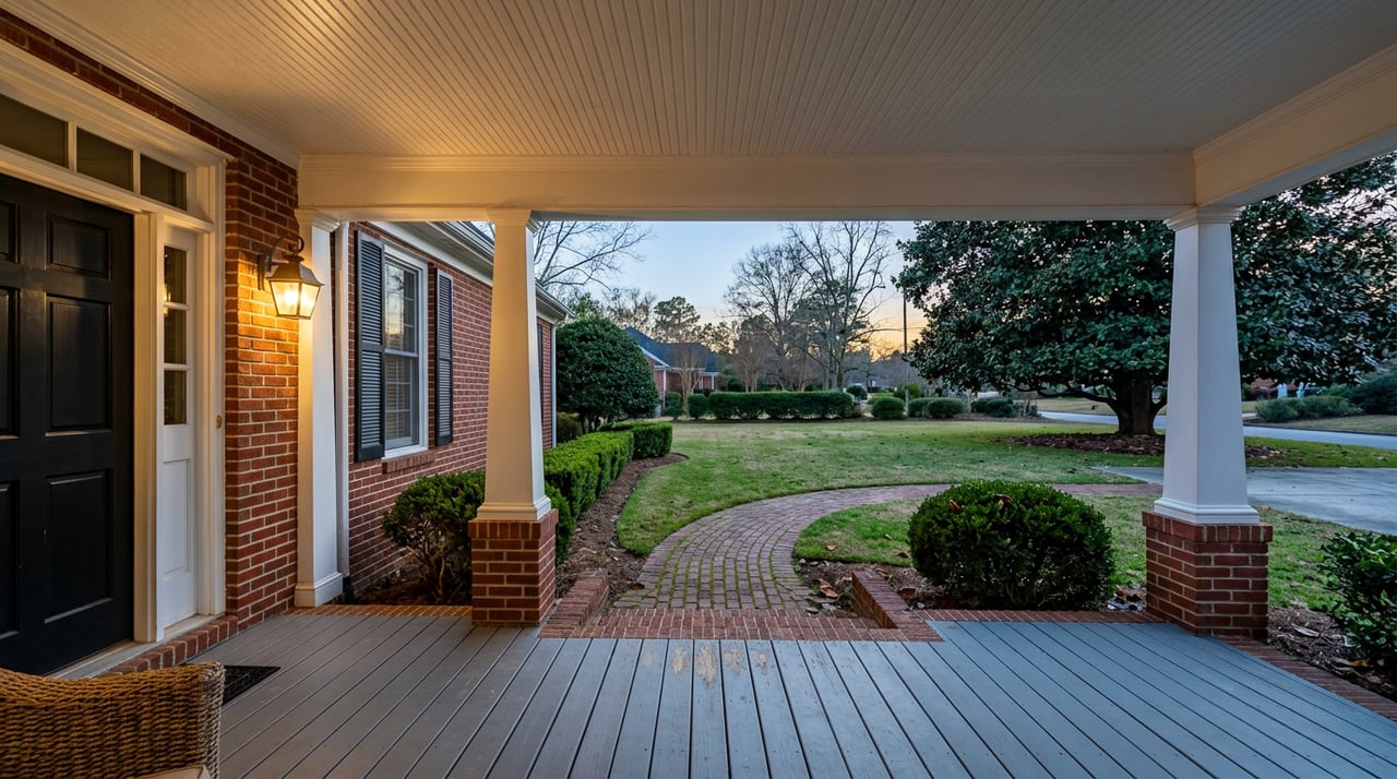 Bronze porch lantern beside a black front door, overlooking brick steps, a curved walkway, and lawn at dusk.