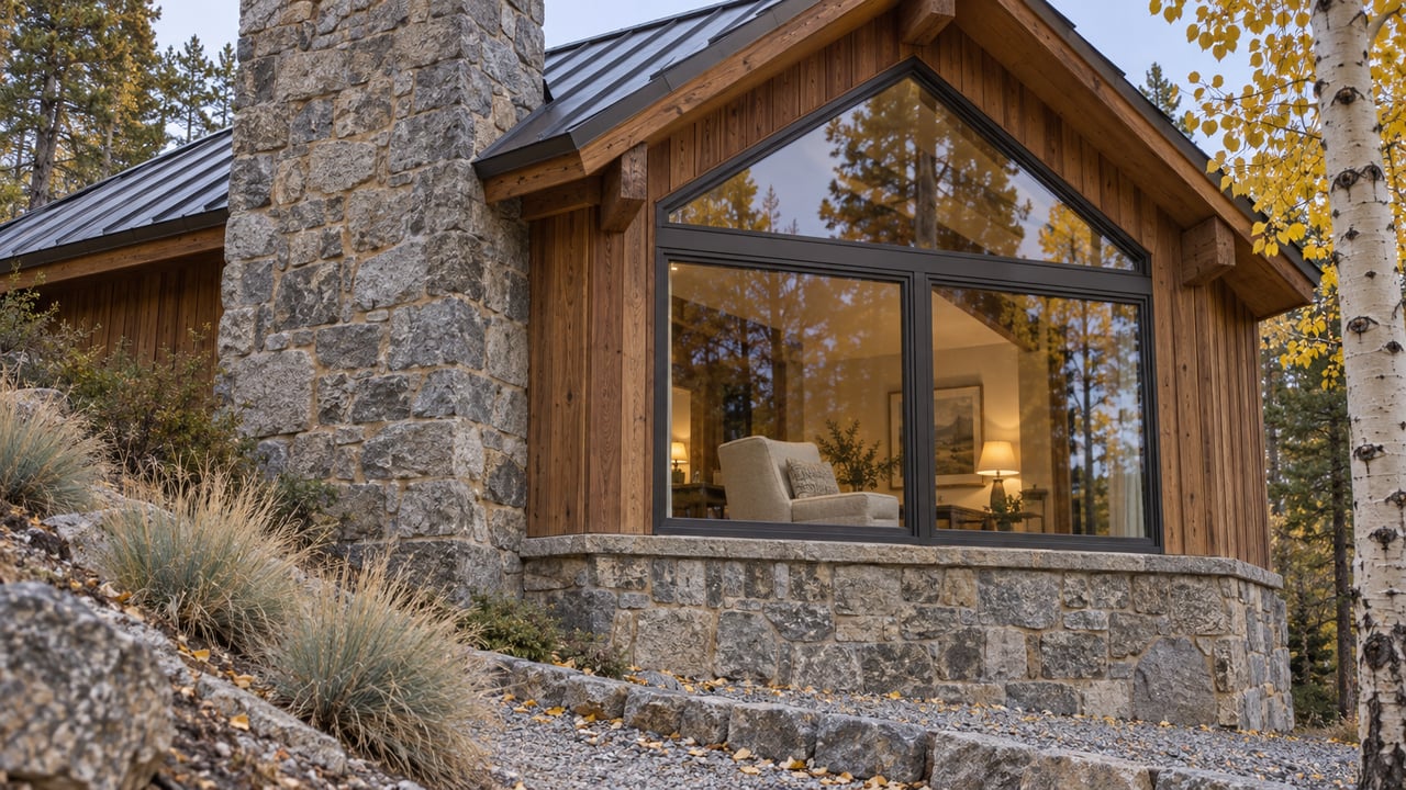 Timber-clad hillside home with a granite chimney, closed gabled windows and a yellow-leaved aspen in cool afternoon light.