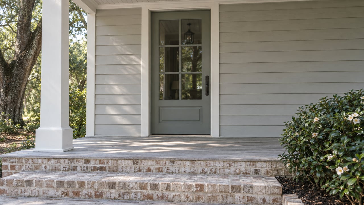 Painted glass-paneled entry door above brick steps, framed by gray siding and a porch column.