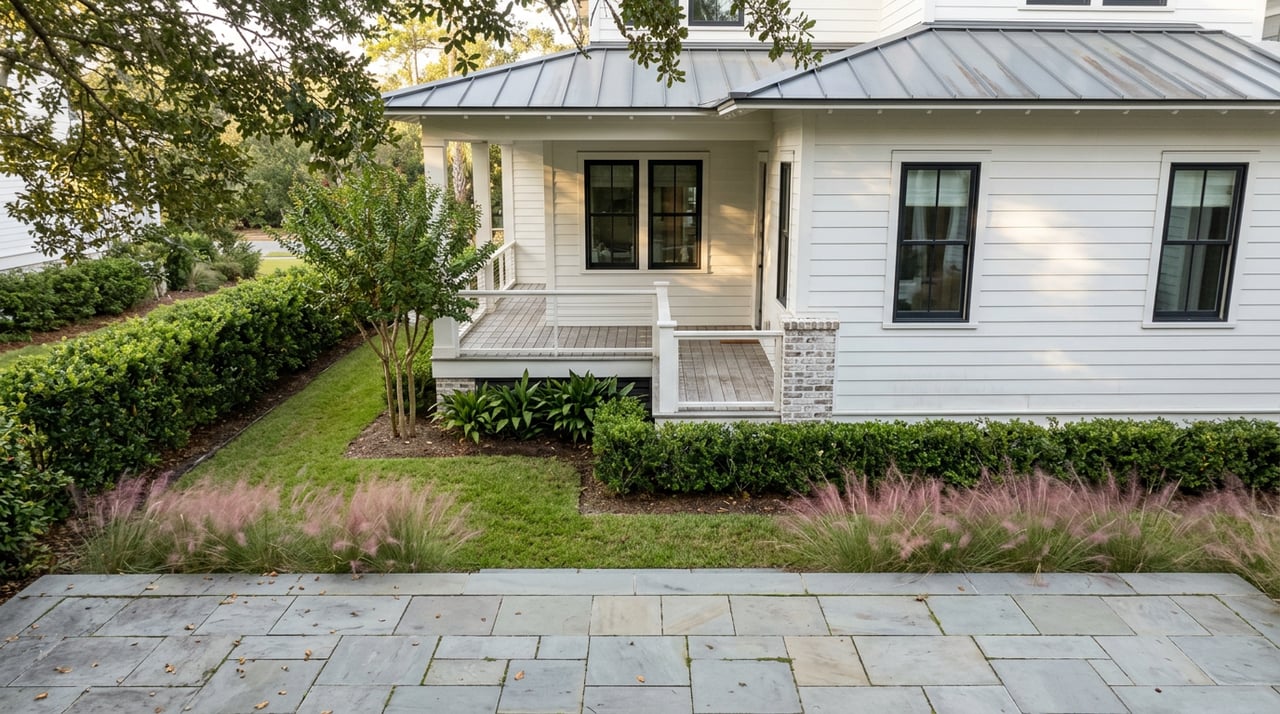 Bluestone terrace and lawn lead to a white-sided coastal house with a wraparound porch beneath live oak branches.