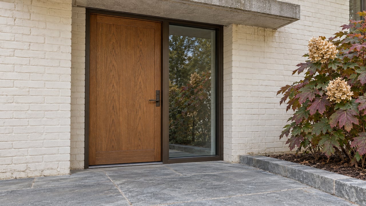 Oak residential entry with a glazed sidelight, ivory painted brick, gray-blue stone landing and autumn oakleaf hydrangea.