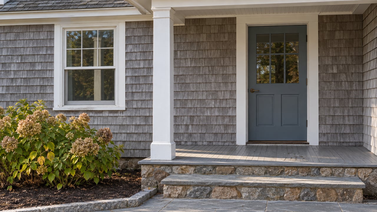 Weathered gray-shingle home entry with white trim, blue-gray door, bluestone steps and one hydrangea with drying autumn flowers.
