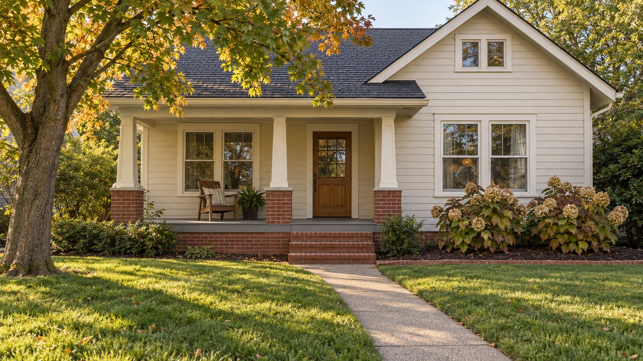 Ivory-sided cottage with a brick foundation, covered front porch and deep green lawn in warm afternoon light.