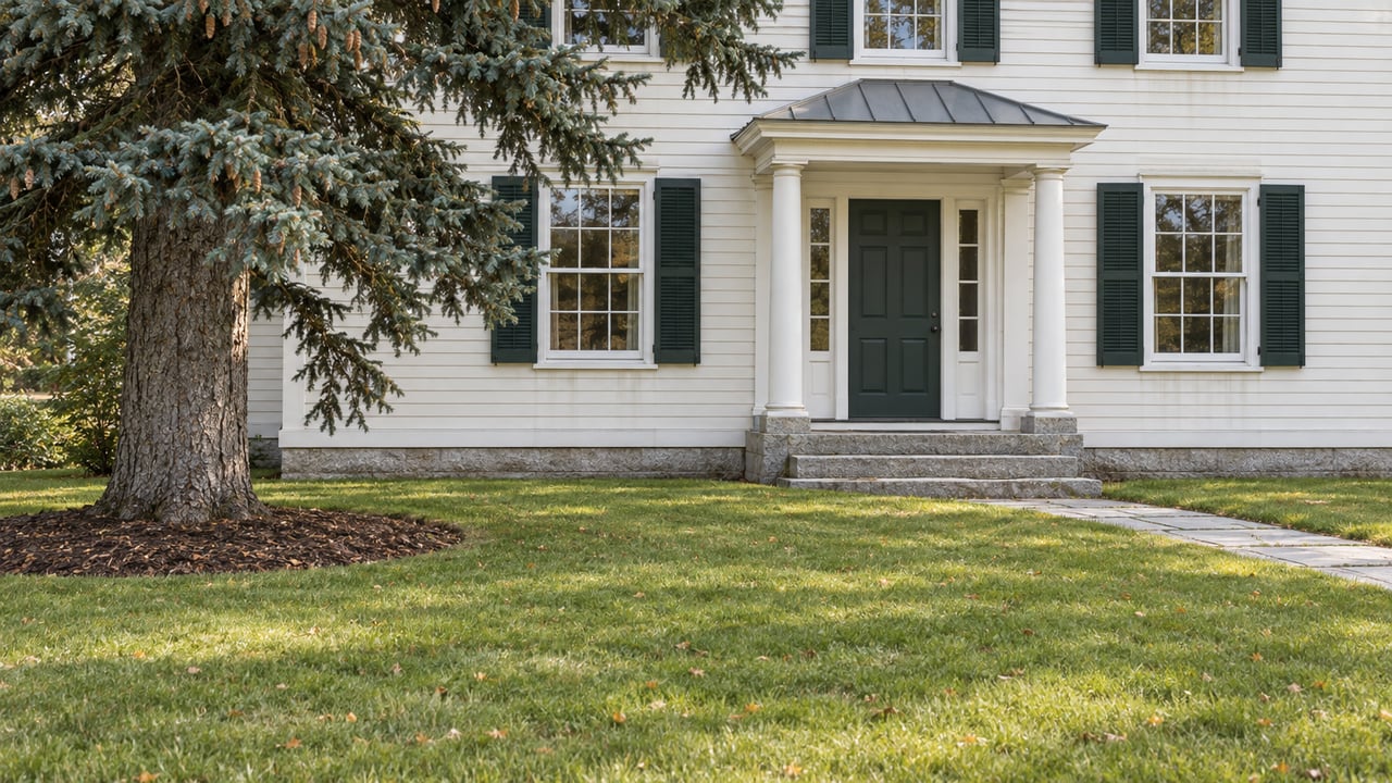 Ivory clapboard home with a green front door, white-columned portico, granite steps and a mature spruce beside an autumn lawn.