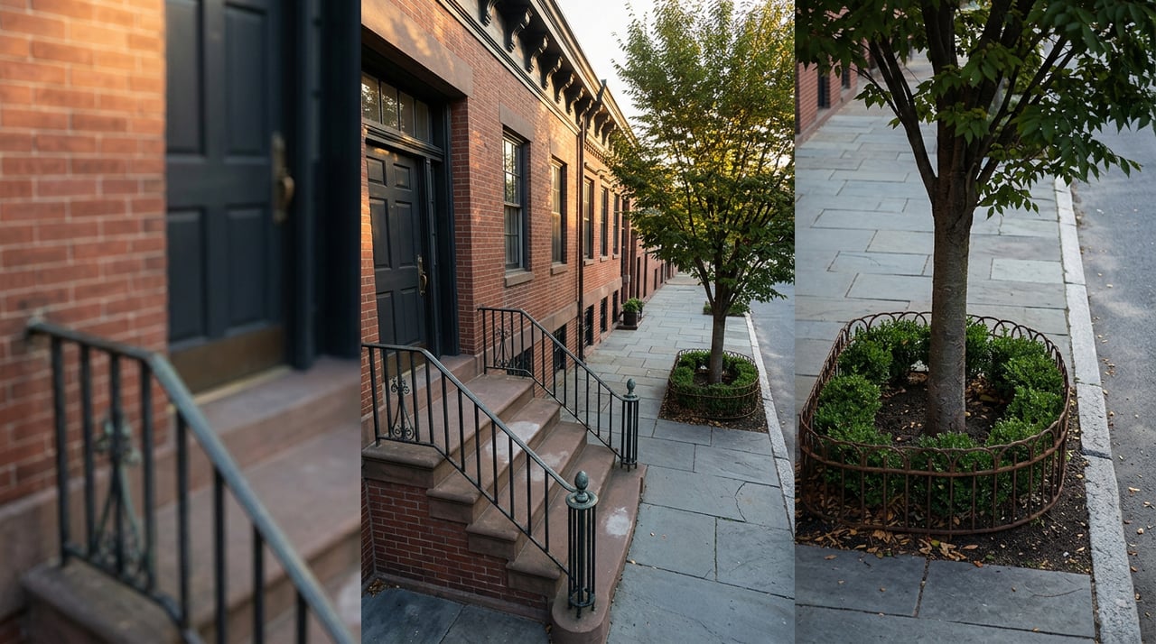 Sandstone stoop and black iron railing overlook a bluestone sidewalk, guarded tree, and brick rowhouse.