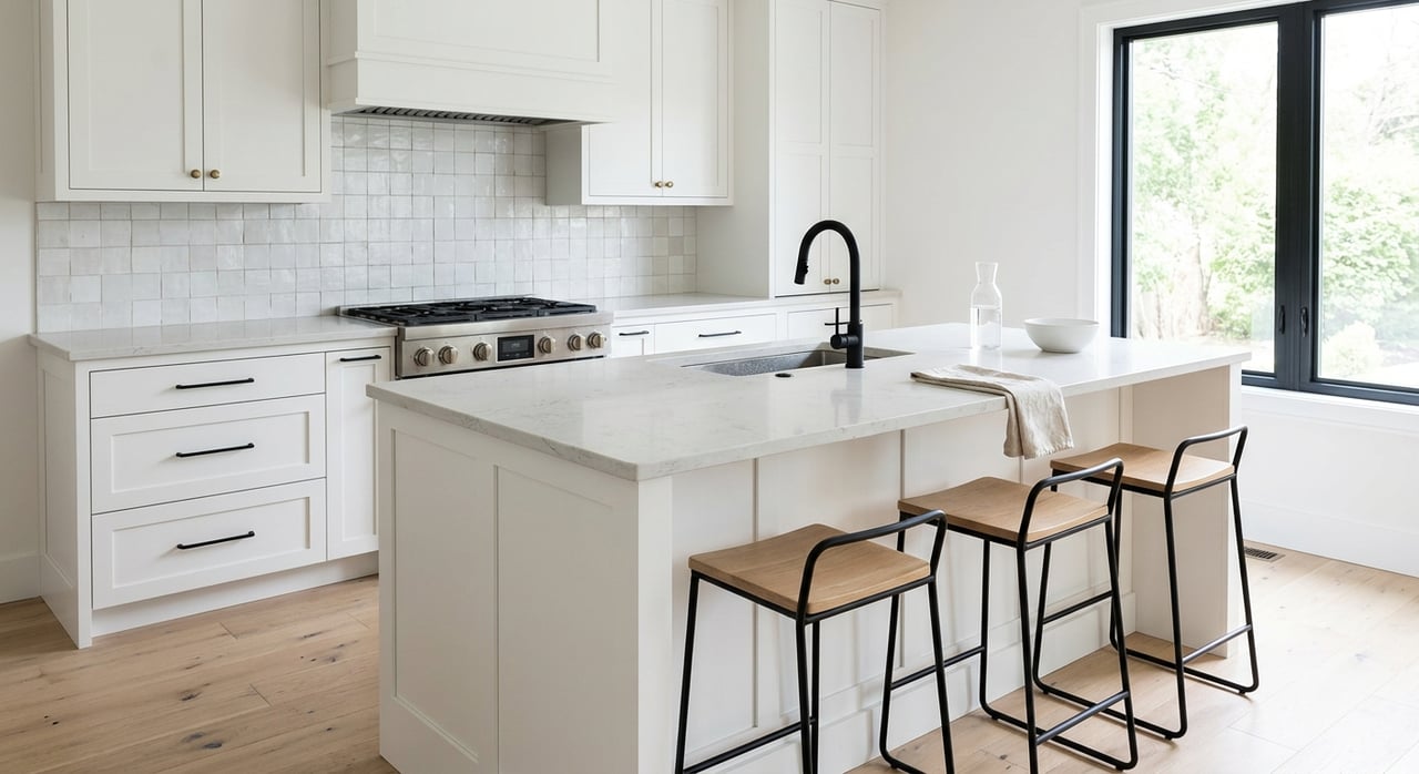 White shaker kitchen with a quartz island, black stools, brass pendants, and a fiddle-leaf fig.