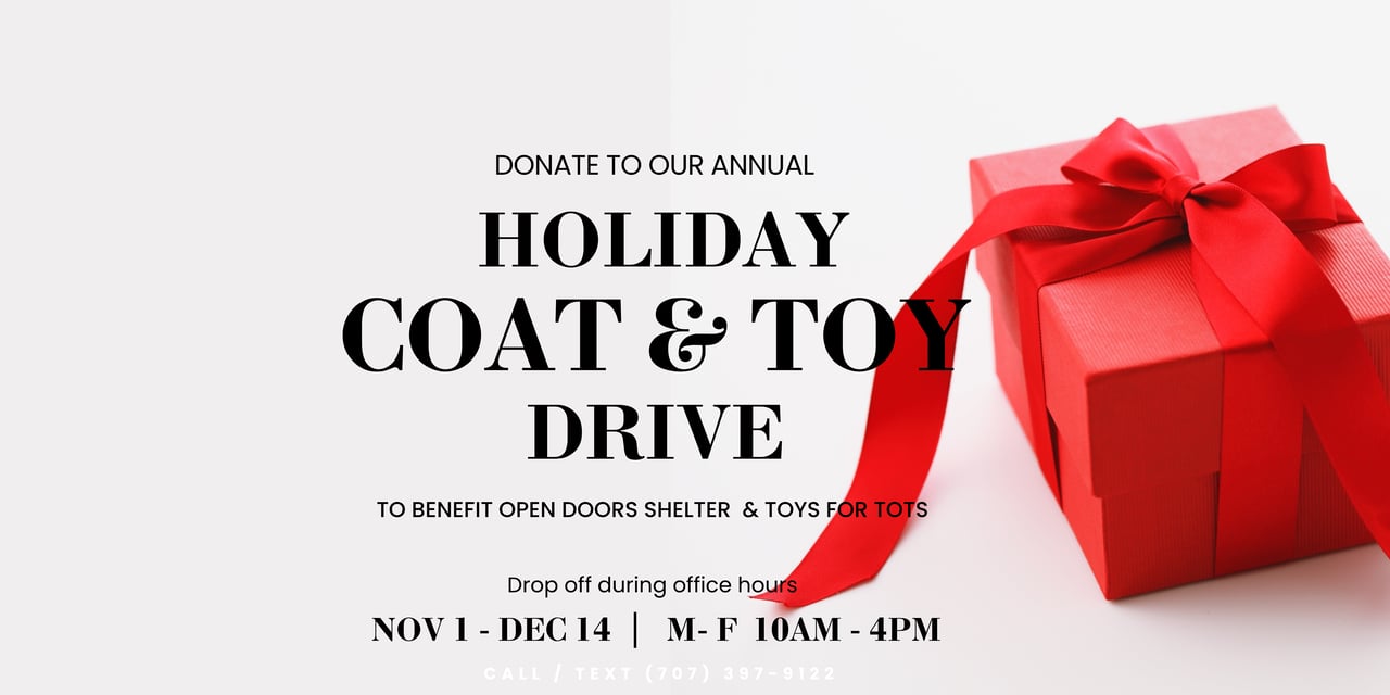 Red gift wrapped in ribbon promoting Fowler Sakey Team’s annual coat and toy drive benefiting Open Doors Shelter and Toys for Tots.