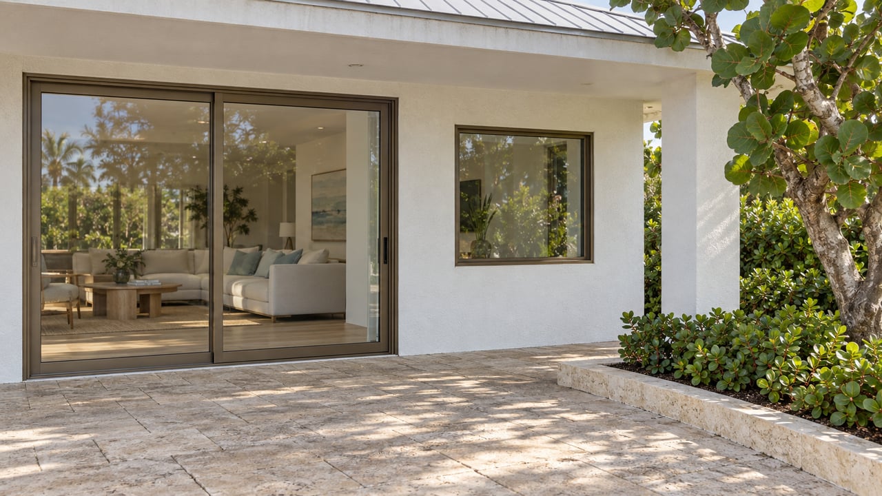 White stucco house with bronze-framed glass doors, a raised limestone planter curb, and broad-leaved tropical plants.