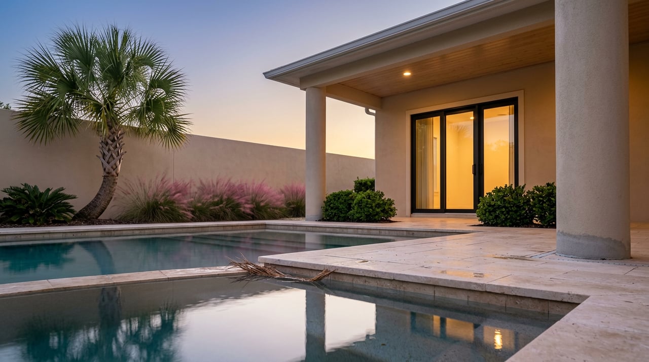 Pool reflecting warm light from black-framed sliding doors beneath a lanai, with a palm against the blue-hour sky.