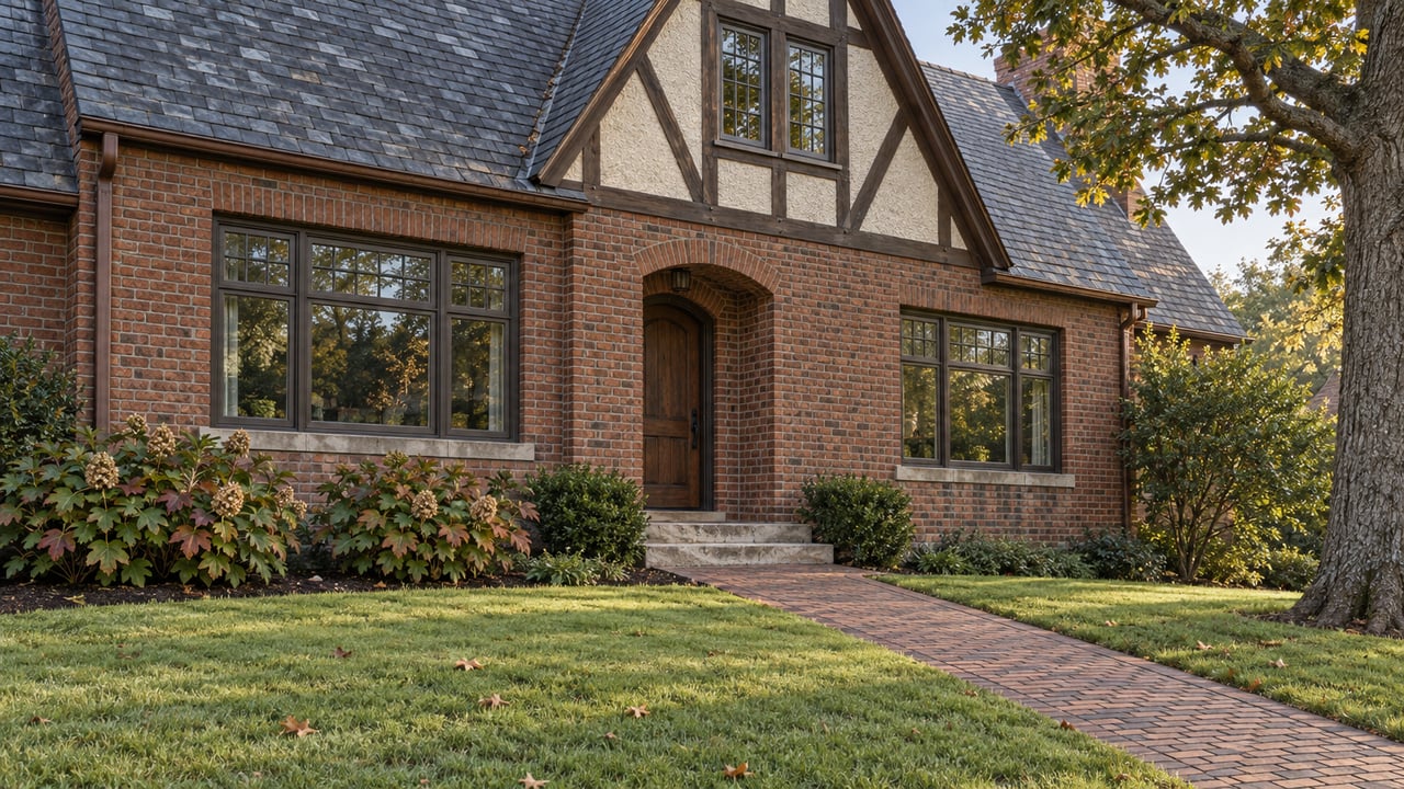 Brick house with a steep slate roof and timbered gable, viewed across a gently rising lawn and brick entry walk beneath a mature oak.
