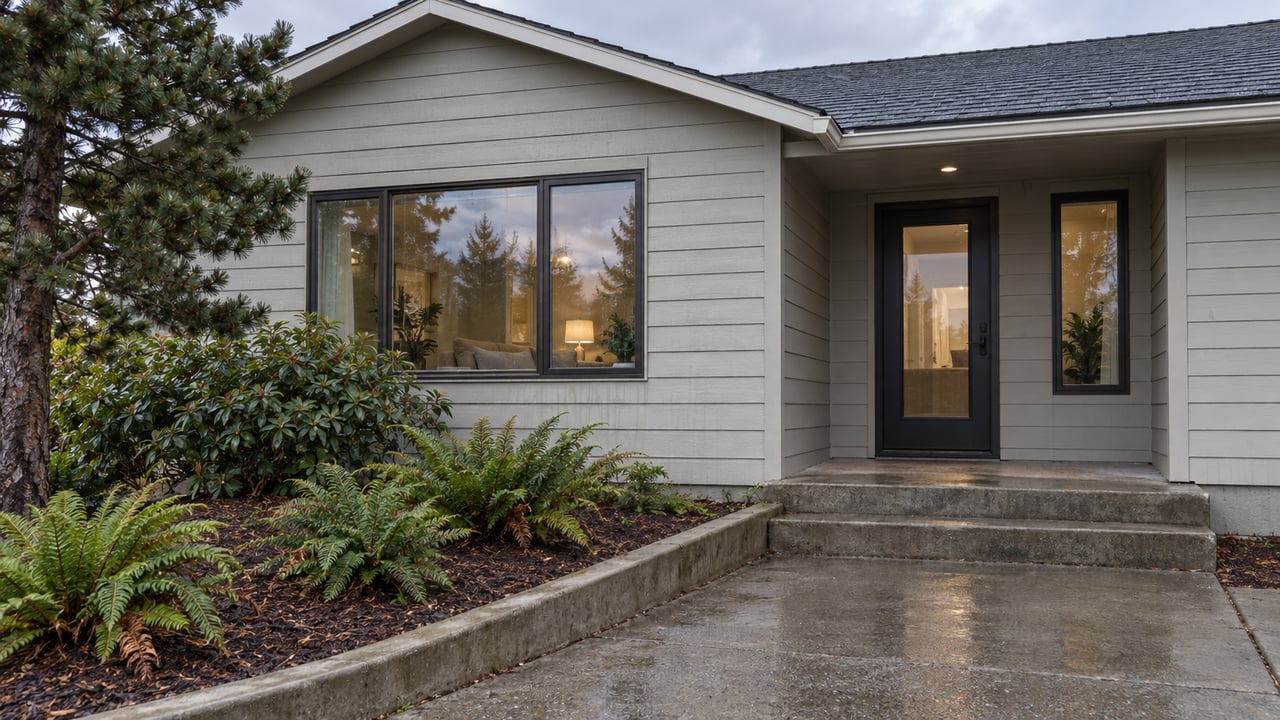 Gray house with a covered entry, wet concrete walkway, and landscaped ferns.