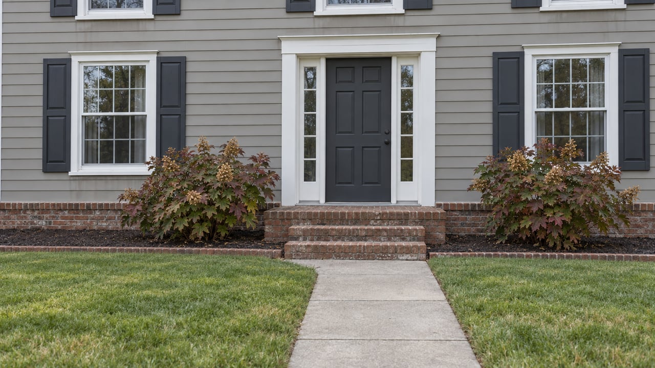 Traditional gray-sided home entrance with a charcoal door, brick steps, divided-pane windows and oakleaf hydrangeas beside a concrete walk.