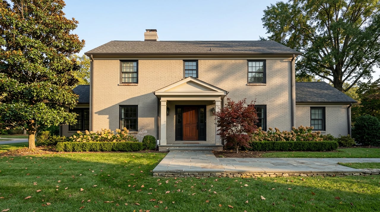 Two-story greige brick house with a white columned portico, framed by mature trees above a lawn and stone walkway.