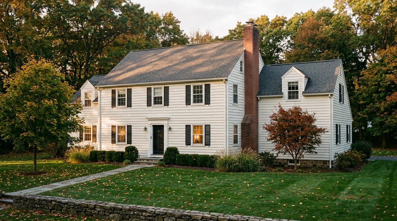 Two-story ivory clapboard house with black shutters, dormers, brick chimney, autumn trees, and a broad lawn.