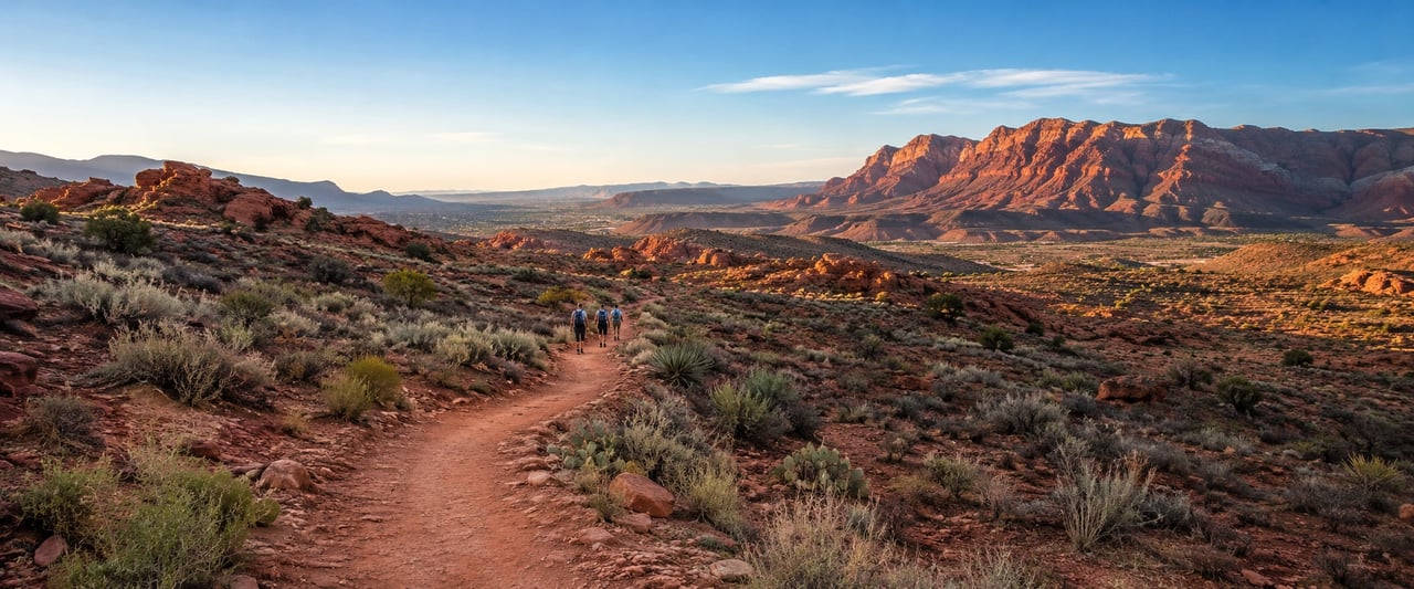 Scenic red-rock hiking trail near St. George, Utah, with hikers enjoying a September evening in Southern Utah.