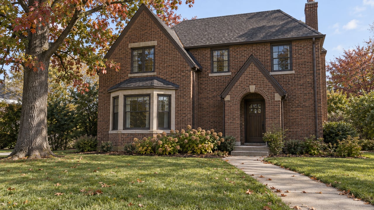 Detached russet-brick home with steep gables, a broad front lawn, mature oak and a concrete entrance walk in autumn light.