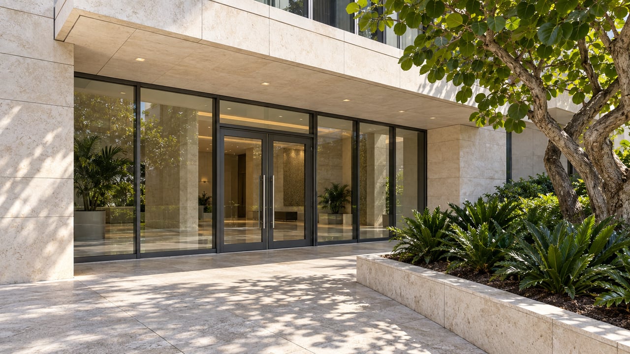Condominium entrance beneath a limestone canopy, with glass doors and a raised island of broad-leaved plants.