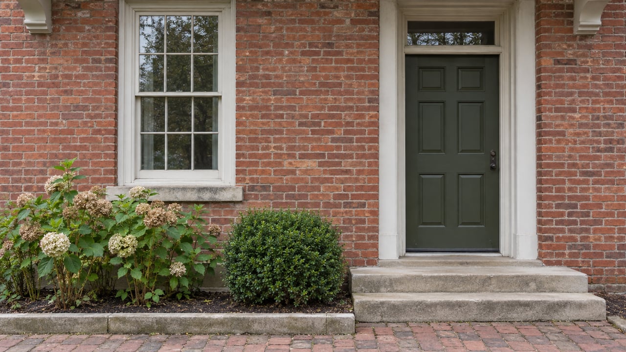 Red-brick house facade with a sash window, dark olive entry door, limestone steps, and small garden bed.