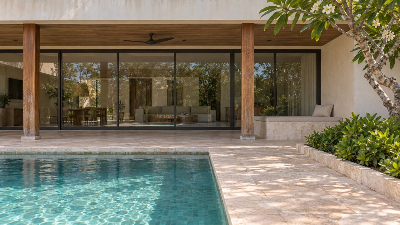 Private courtyard with turquoise pool, pale stone paving, covered lanai, and a plumeria tree.