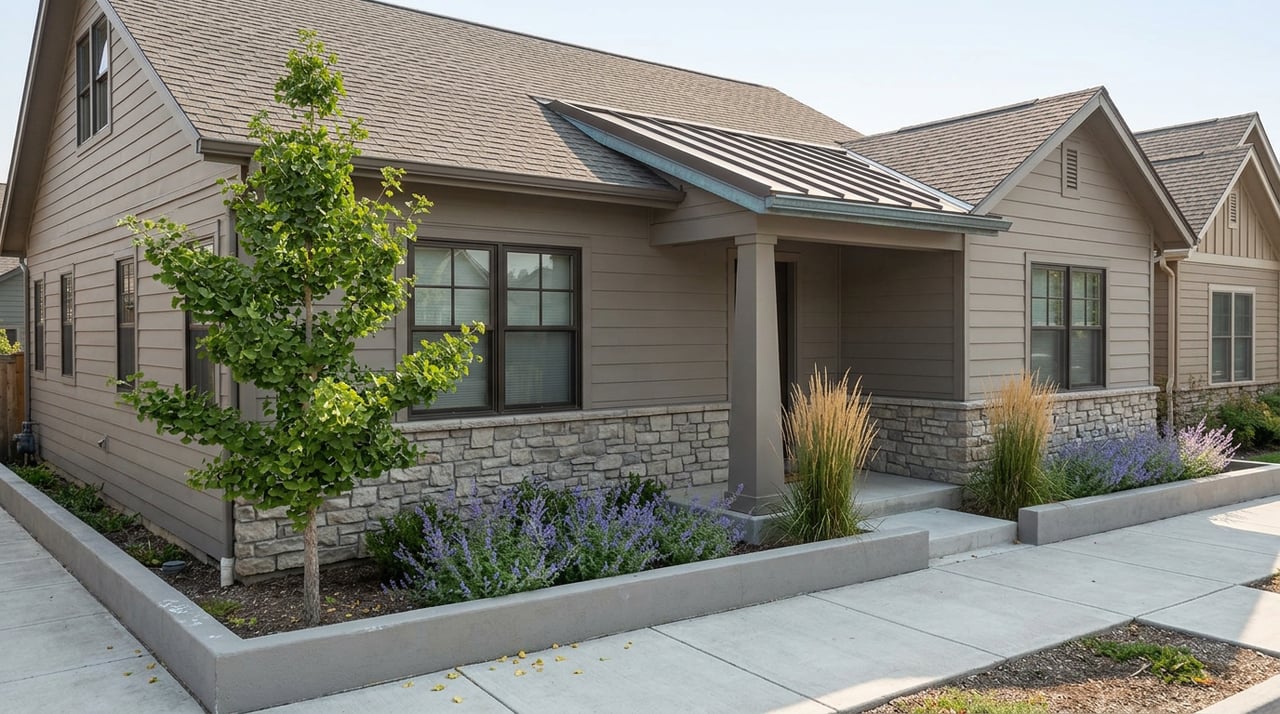 Two-story gray-sided home with stone base and covered entry, beside a ginkgo and neighboring gable.