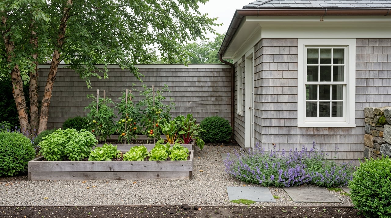 Three cedar raised beds with basil, lettuce, tomatoes, and chard beside a shingled house.