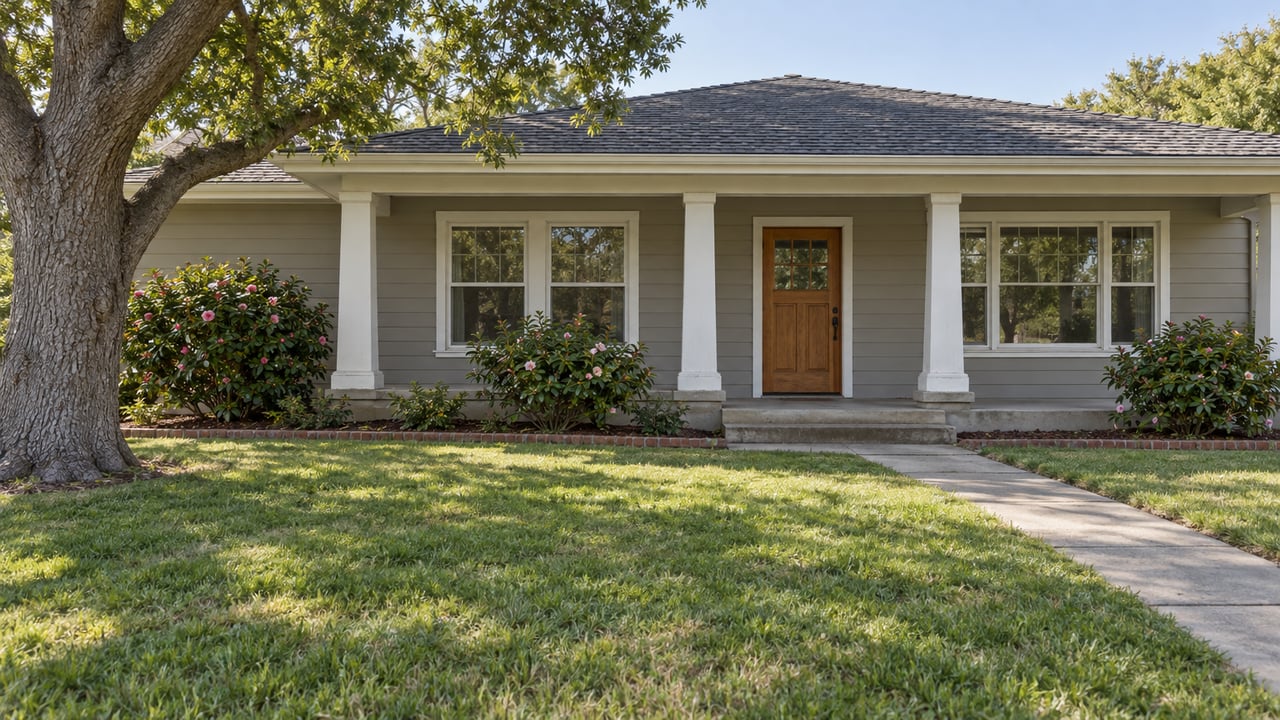 Established single-story home with a shaded columned porch, weathered siding, broad front lawn, and mature oak.