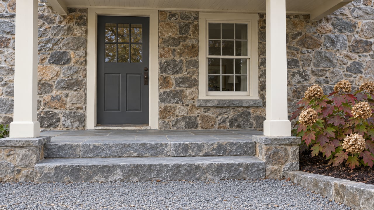 Covered entrance of a fieldstone home with cream timber posts, a charcoal glazed door, bluestone steps and autumn oakleaf hydrangea.