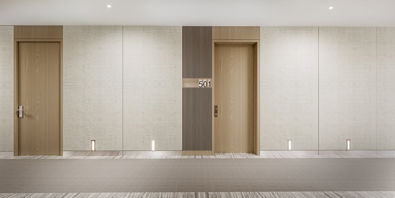 Rendering of elevator lobby at La Baia South in Bay Harbor Islands.