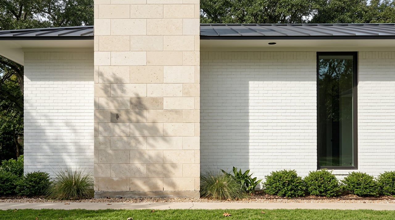 Limestone chimney meets a white brick wall beneath a charcoal metal roof and live-oak canopy.