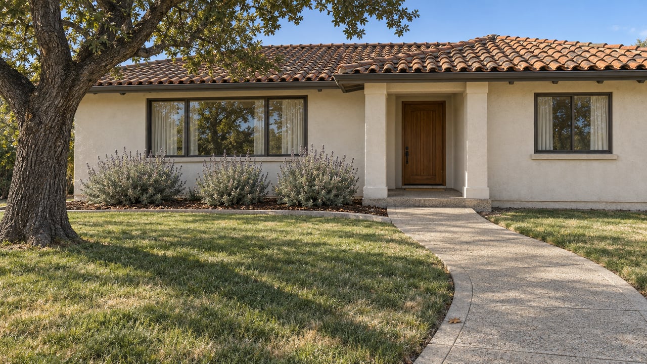 Single-story ivory stucco home with a terracotta tile roof, deep front lawn, mature oak, and curved concrete entry walk.
