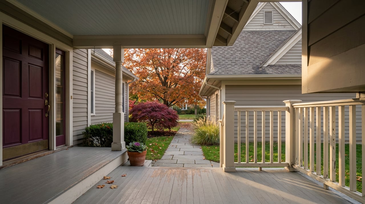 Fall porch view with a wine-red door, bluestone walk, and orange-red maple canopy beyond.