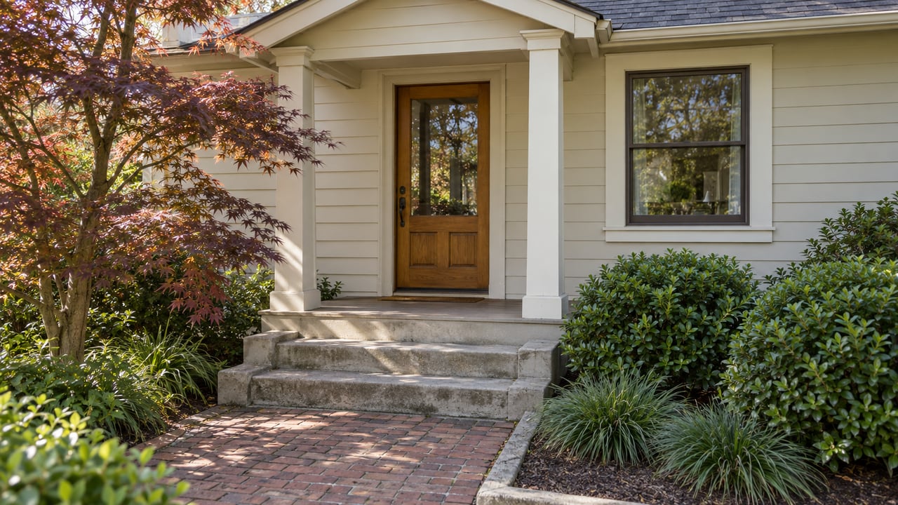 Older cream-sided house with a glazed wooden door, worn concrete steps, brick path, and Japanese maple.