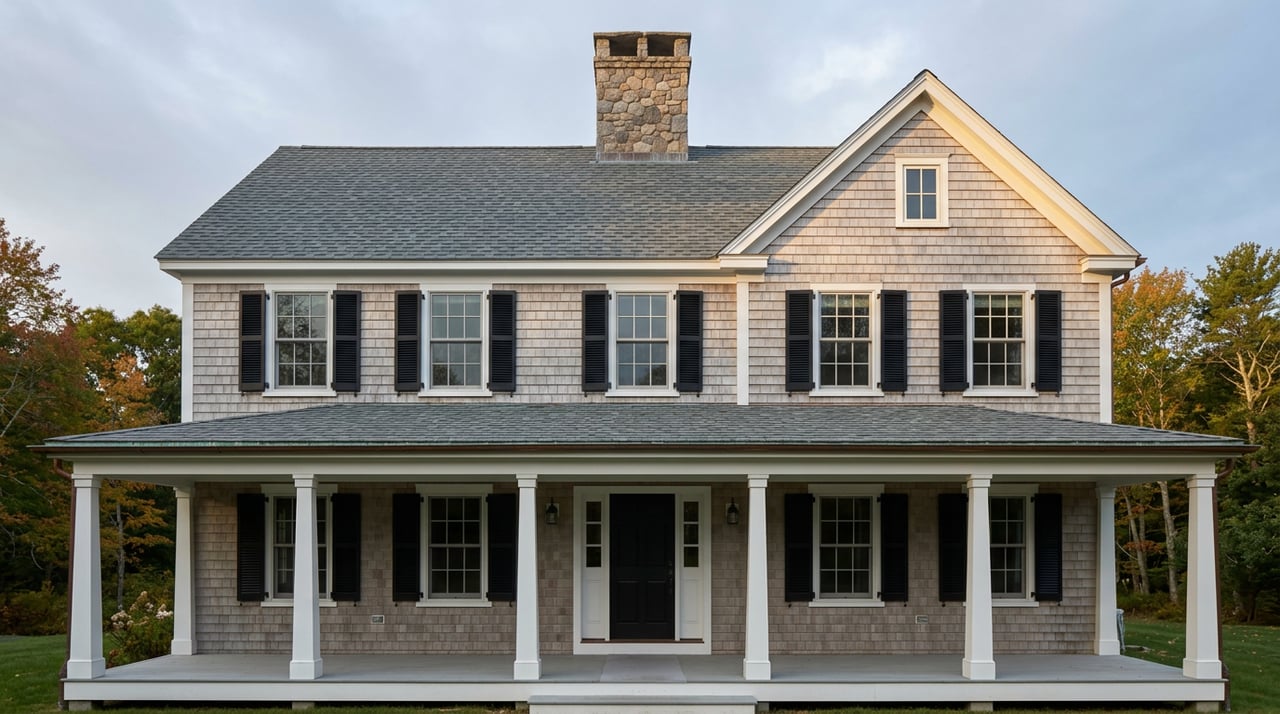 Silver-gray shingle farmhouse with white-columned porch, fieldstone chimney, and broad lawn in warm morning light.