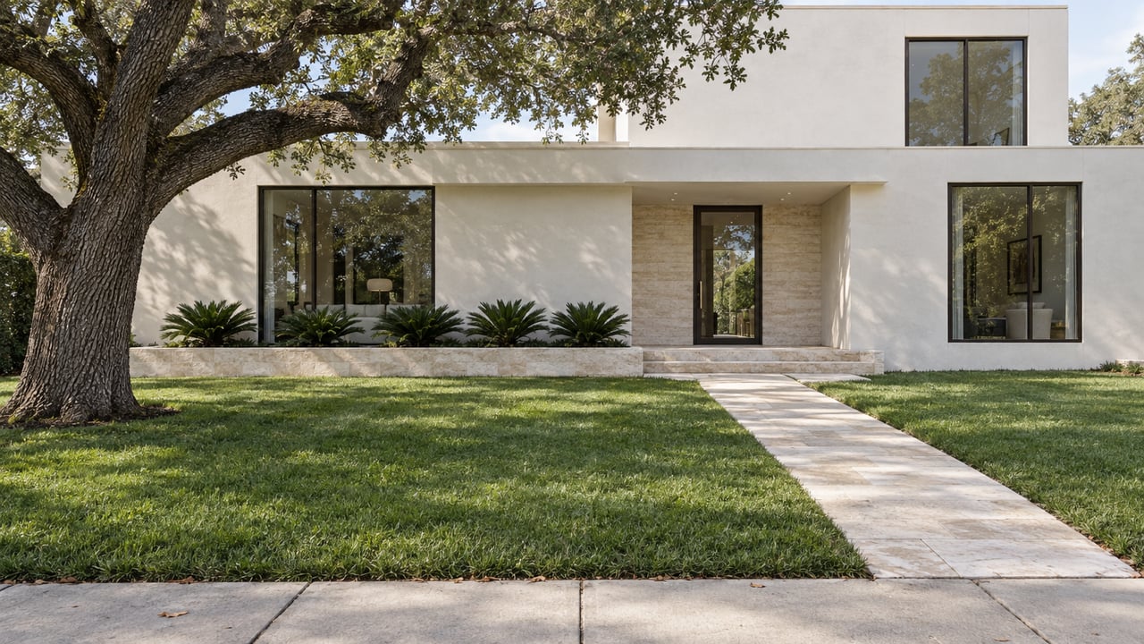 Coastal estate with warm-white stucco, recessed glass entry, and a stone path crossing a deep lawn beneath a spreading oak.