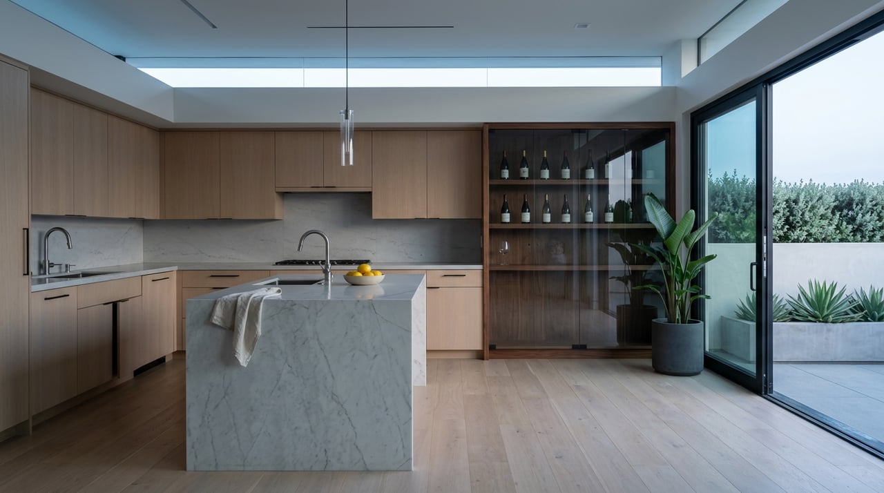 Marble kitchen island with lemons and linen towel beside a glass-front wine wall and glazed terrace door.