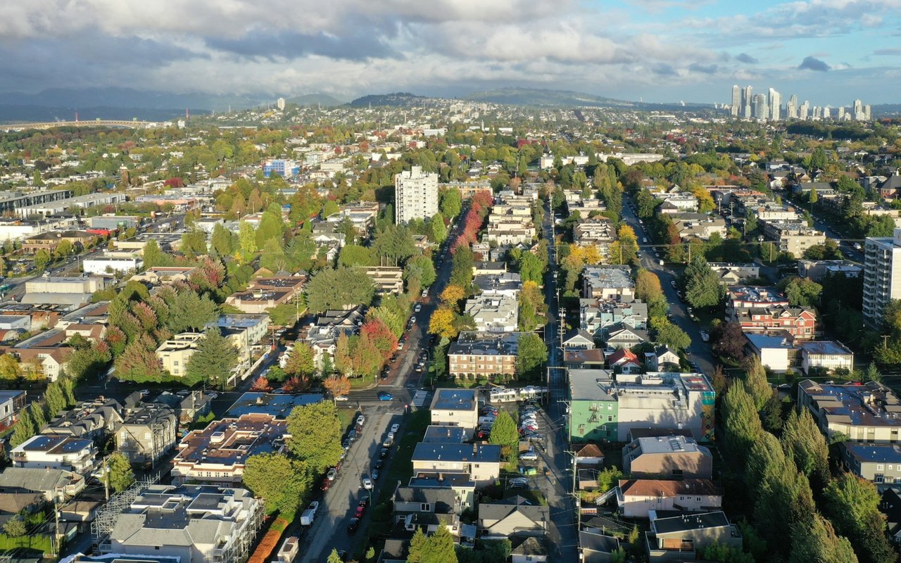 Aerial view of a tree-lined neighborhood with distant high-rises, a bridge, and mountains.