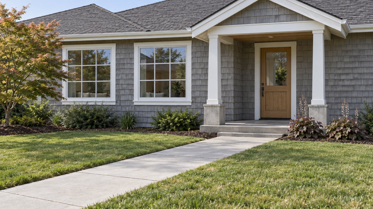 Gray-shingled home with white-trimmed windows, a covered oak-door entry, deep front lawn and a small Japanese maple.