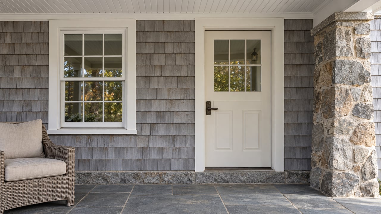 Covered porch with weathered gray cedar shingles, a white divided-light window and entry door, fieldstone pier, and blue-gray stone paving.