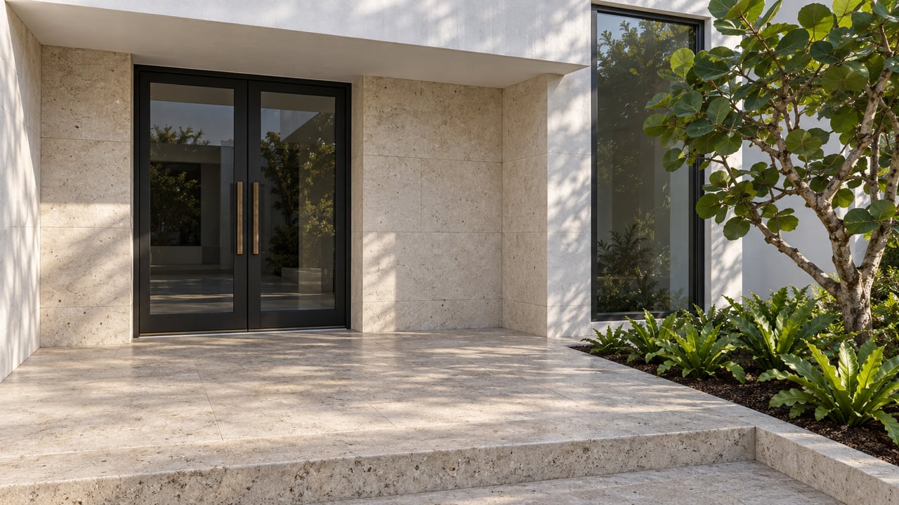 Sheltered white-stucco home entrance with paired black-framed glass doors, pale limestone steps, and a sculptural sea grape beside the window.