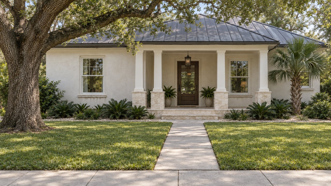 Stucco house with metal roof and limestone porch, a spreading oak, palm, and lawn-fronted walkway.