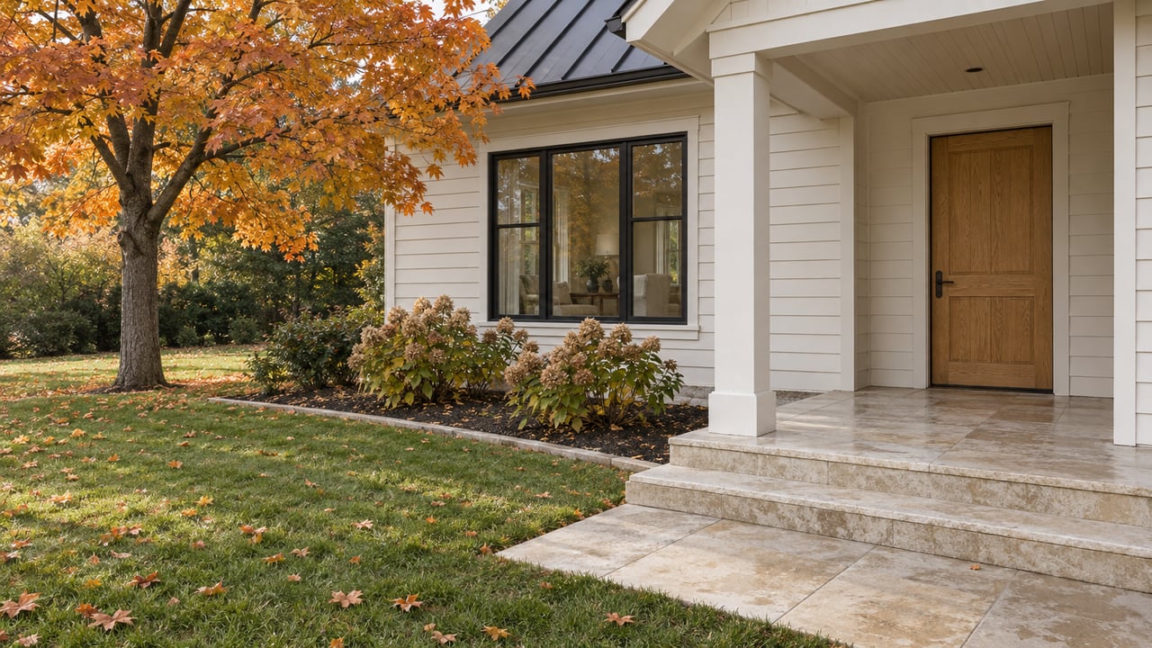 Warm-white home entry with an oak door, limestone terrace and amber maple beside a broad autumn lawn.