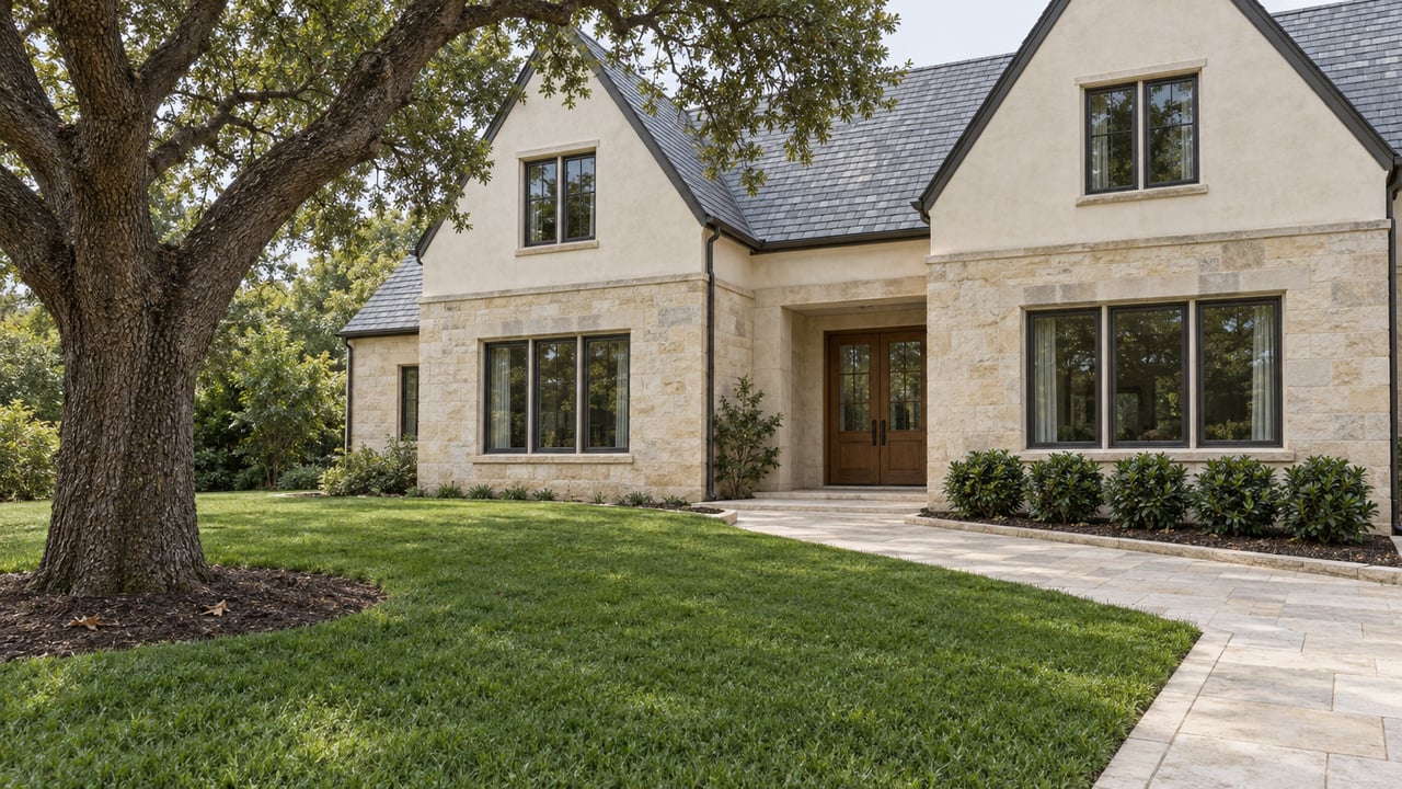 A limestone and ivory stucco home beyond a deep green lawn, with bronze-framed windows, slate gables, and a mature spreading oak.