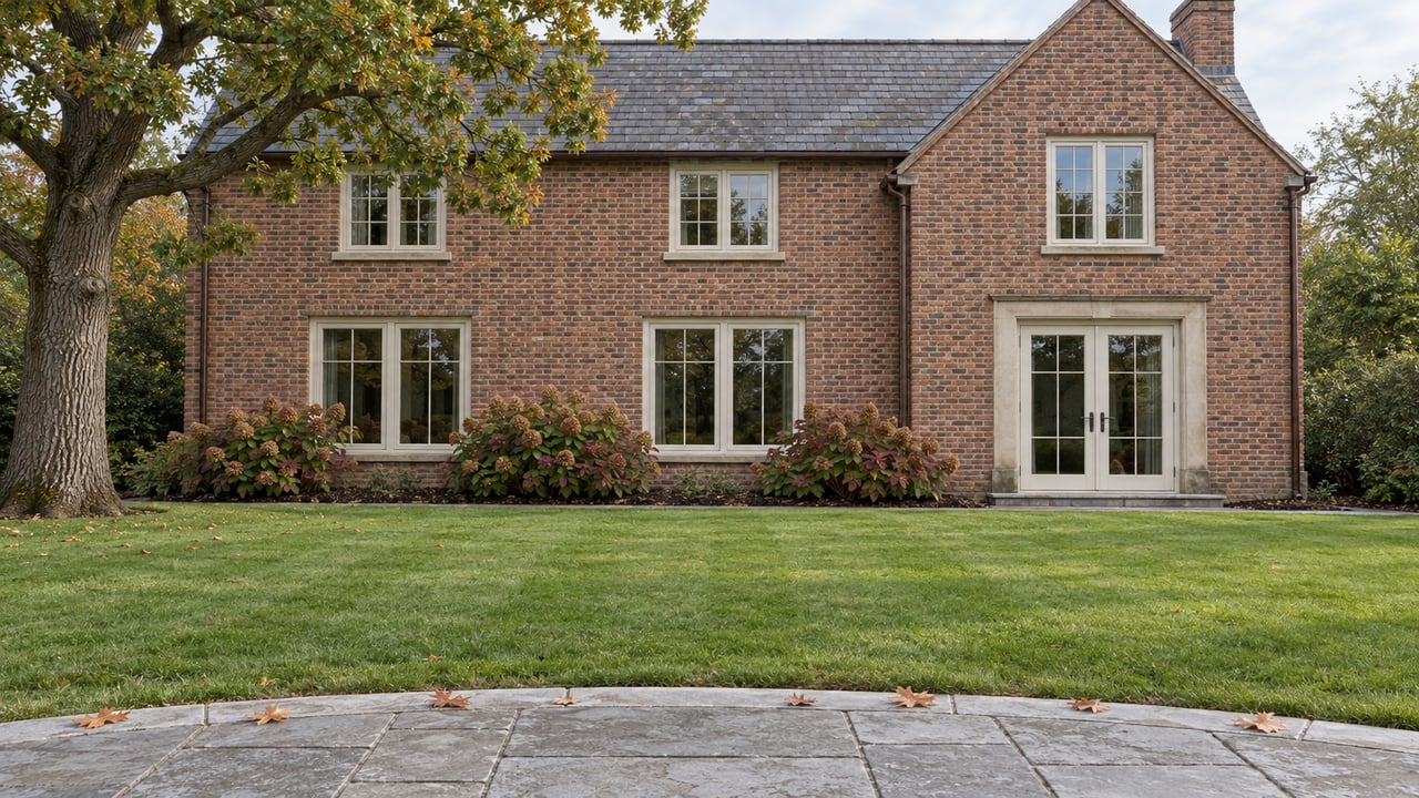 An autumn garden with a limestone terrace, deep lawn, mature red oak, and a brick house with ivory-framed windows.