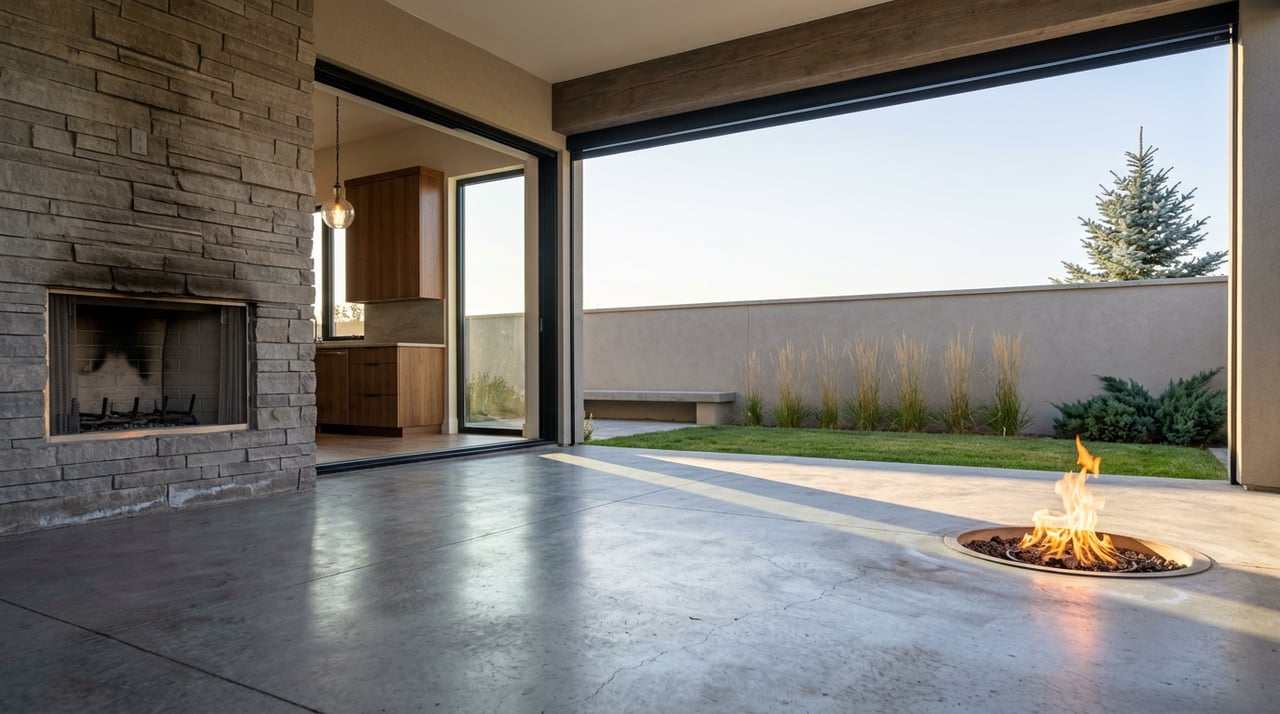 Covered patio with a stone fireplace, open glass wall, concrete fire bowl, and spruce rising above the garden wall.
