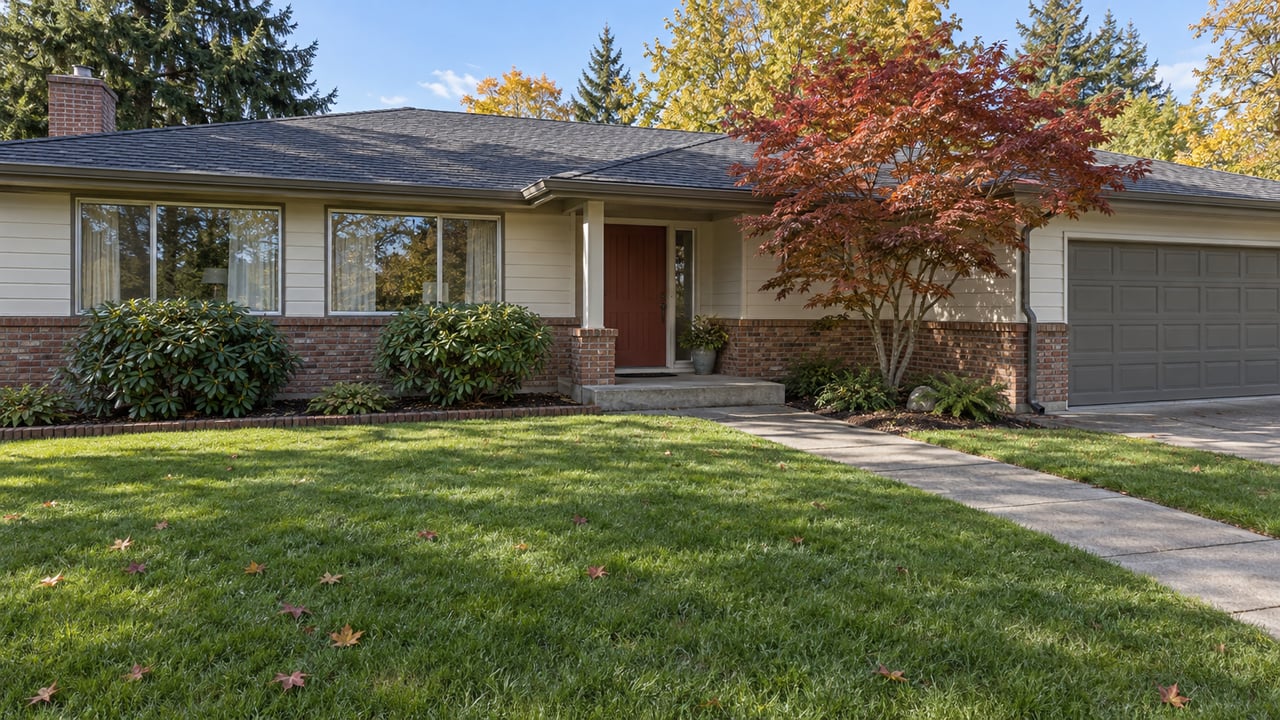 A low ranch home with cream siding, brick trim, a muted red front door and a deep lawn beneath autumn maple branches.