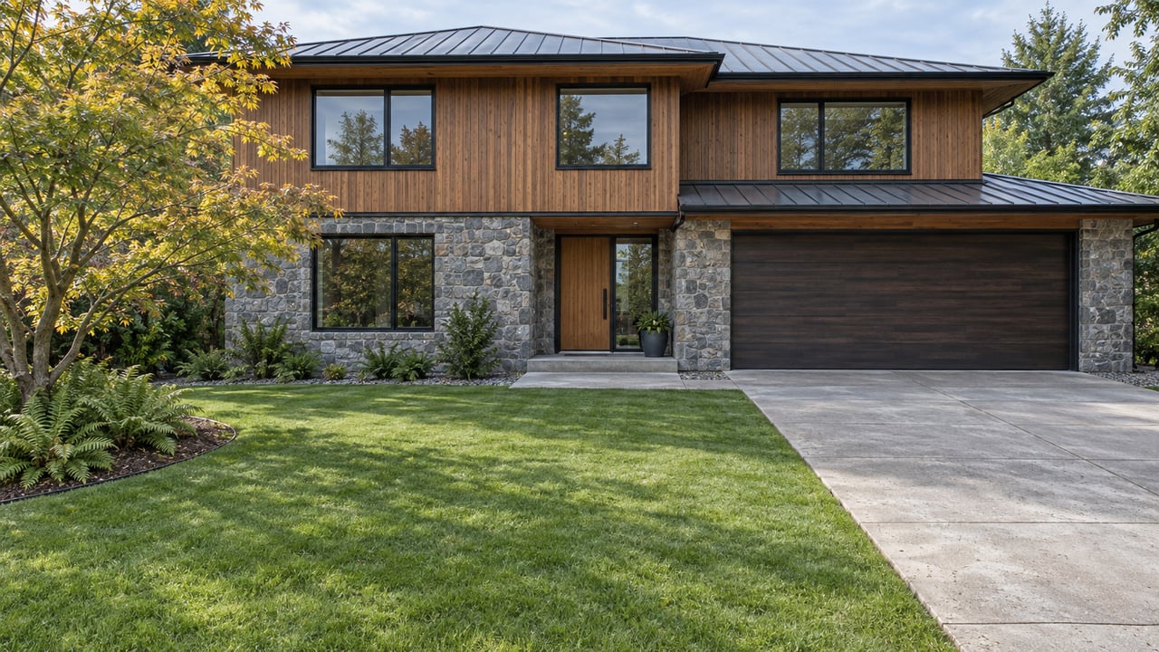 Contemporary cedar-and-stone home with black-framed windows, a broad lawn, recessed entry and timber garage door in soft daylight.