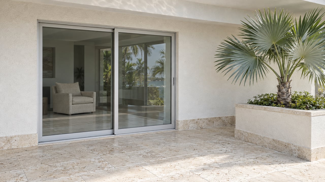 Covered porch with pale limestone paving, closed sliding glass doors and a silver thatch palm in a masonry planter.