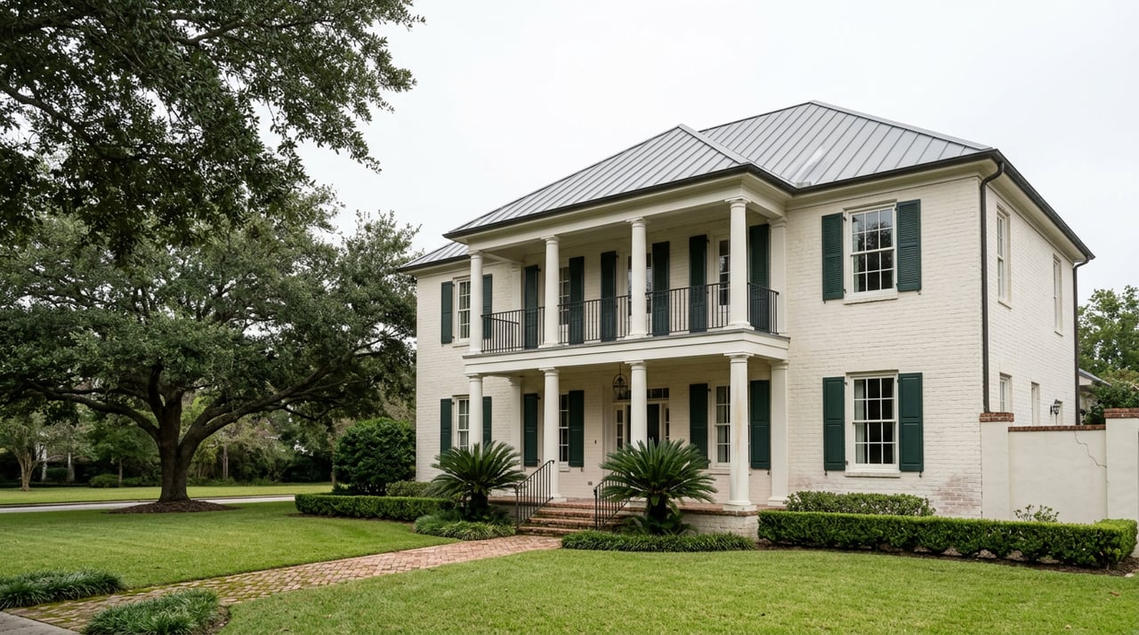 Two-story off-white brick house with columned galleries, green shutters, a live oak, and a brick walkway.