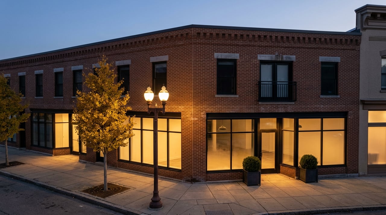Three-story brick corner building at dusk, with amber-lit storefront windows, a golden ginkgo, and glowing streetlamps.